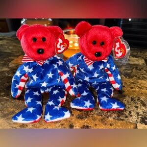 🇺🇸 Ty Beanie Baby Liberty Patriotic Bear Pair Red White Blue 2001 Red Head Pair
